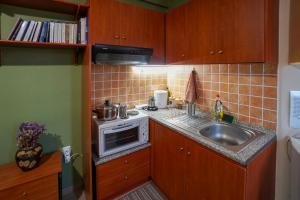 a small kitchen with a sink and a microwave at Marianna's studio in Kozani +11 photos