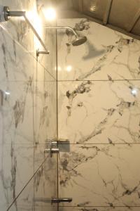 a shower with a glass door in a bathroom at Greenbay Beach Resort in Varkala