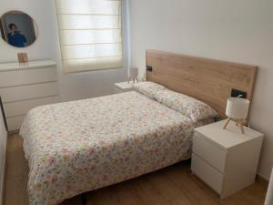 a bedroom with a bed and a dresser and a mirror at Casa As Estelas Camino de santiago por la costa Playa America in Nigrán