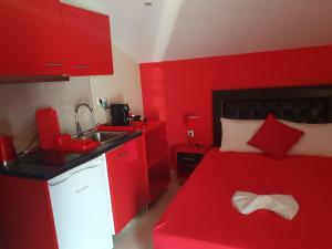a red kitchen with a bed and a sink at Apartments Vesna Luxury & Michel ap 8 in Paralia Katerinis