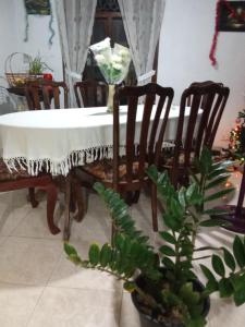 a table and chairs with a white table and a plant at peacock Rest in Batapola