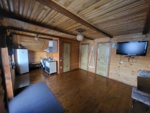 a large living room with a flat screen tv on a wooden wall at Під горою in Sheshory