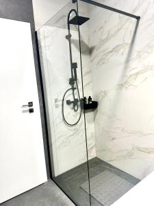 a shower with a glass door in a bathroom at La felix bulevard in Biharia +5 photos