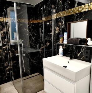 a bathroom with a white sink and a shower at Rio Home in Büsingen +1 photo