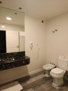 a bathroom with a toilet and a sink and a mirror at Achalay Hotel Boutique Colonia Dora in Colonia Dora +60 photos