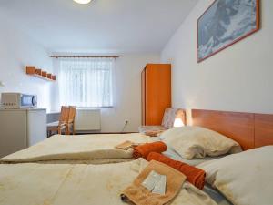 a bedroom with two twin beds and a kitchen at Vila Strážan in Poprad