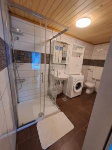 a bathroom with a shower and a toilet at House Nordika in Rateče +29 photos