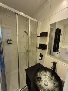 a bathroom with a sink and a shower at Onyx Urban Suite in Hannover