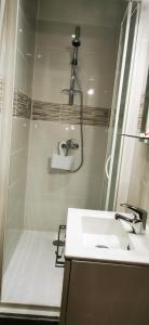 a bathroom with a sink and a shower at L'Escale Balnéaire Landaise in Biscarrosse-Plage