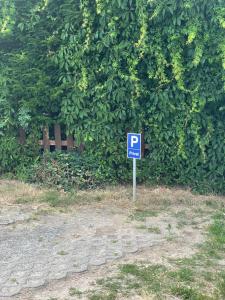 a blue parking sign in front of a tree at Lichtdurchflutetes Souterrain Apartment in Schapen in Braunschweig
