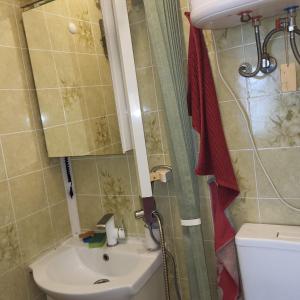 a bathroom with a sink and a toilet and a shower at House with a fireplace in Daugavpils