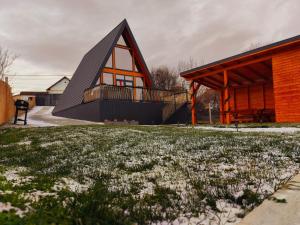 ein Haus mit einem dreieckigen Dach und einem Blumenfeld in der Unterkunft Roua A-frame in Deal