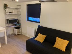 a living room with a black couch with yellow pillows at Grande chambre indépendante in Bruz