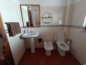 a bathroom with a sink and a toilet and a mirror at MiRaRio in Vila Nova de Milfontes +17 photos