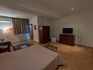 a bedroom with a bed and a desk and a television at Vila Zoppas Inn in Sînnicolau Mare