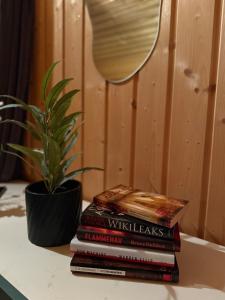a stack of books sitting on a table with a potted plant at Musekroken in Elverum
