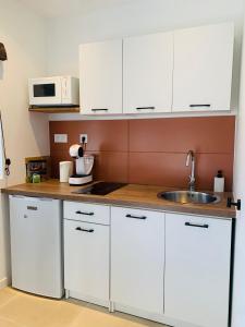a kitchen with white cabinets and a sink at Studio Moderne Cozy in Ribaute-les-Tavernes