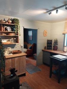 a kitchen with a counter and a table in a room at Llama Lodge Authentic Sunnfjord Farm in Kleivane +30 photos