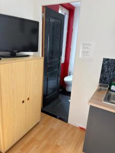 a bathroom with a television and a bathroom with a toilet at petit studio atypique in Graulhet