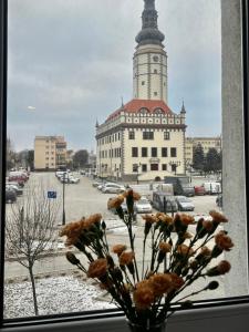 a vase with flowers in a window with a clock tower at Apartament Rynek Strzelin in Strzelin +4 photos