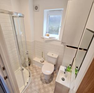 a bathroom with a toilet and a shower and a sink at Chy Bownder Cottage in Lostwithiel +29 photos