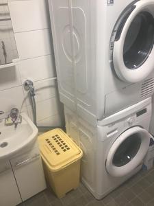 a bathroom with a washing machine and a sink at Hyryntie 33 as 3 in Hyrynsalmi