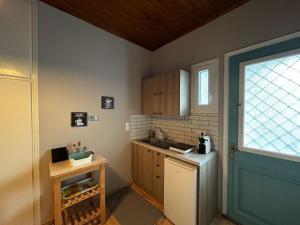 a small kitchen with a refrigerator and a window at Tsonas Apartments in Lygia +27 photos
