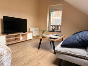 a living room with a television and a coffee table at Titi90 in Belfort