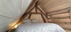a bedroom with a bed in an attic at L'Escalier des Rêves - Rose in Saint-Sauveur-en-Puisaye
