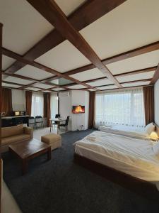 a large bedroom with a large bed and a couch at Homely in Bansko +68 photos