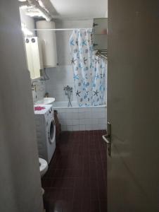 a bathroom with a toilet and a shower curtain at Apartman Suva reka in Leskovac +5 photos
