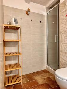 a bathroom with a shower and a toilet at Etruscan Brothers House in Cerveteri +24 photos