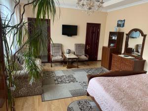 a living room with a bed and a mirror at Luxury Apartaments 3 in Truskavets