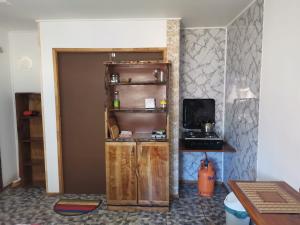 a kitchen with a refrigerator and a stove at tiny house kiñeco melipeuco conguillio in Santa María