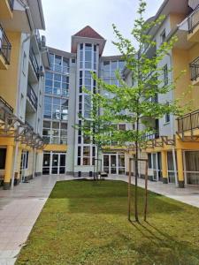 a tree in front of a large building at Karos Kristály Apartman in Zalakaros