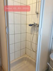 a shower with a glass door in a bathroom at FeWo Nina - Monteurwohnung in Weißenfels +2 photos