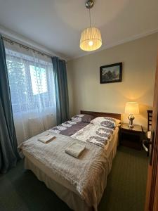 a bedroom with a bed and a lamp and a window at Apartamenty Złota Palma in Lądek-Zdrój