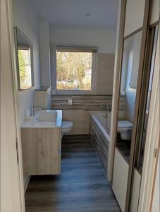 a bathroom with a sink and a tub and a toilet at Chambre proche Zénith et Centre ville in Nancy
