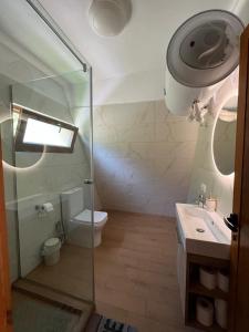 a bathroom with a shower and a toilet and a sink at Bungaja Chalets in Shkodër