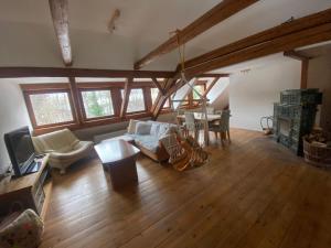 a living room with a couch and a table at Apartmány Dolní Vítkov in Chrastava