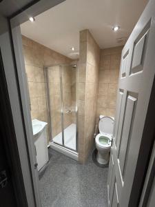 a small bathroom with a toilet and a shower at Airport Tavern Accommodation in Felton