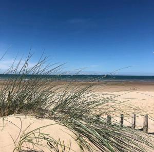 a sandy beach with people walking on the beach at Calais plage, superbe studio tout confort in Calais