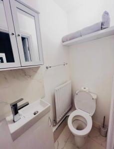 a bathroom with a toilet and a sink and a mirror at Lakes Guest Room Annexe in Penrith