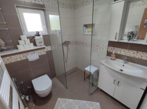 a bathroom with a toilet and a sink and a shower at Pandora Apartments Sarajevo in Sarajevo +24 photos