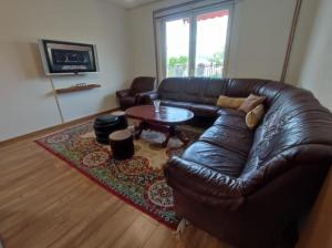 a living room with a leather couch and a table at Pandora Apartments Sarajevo in Sarajevo