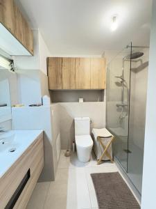 a bathroom with a toilet and a glass shower at Rêve Marina studio tout confort avec citerne et piscine Gosier in Pointe-à-Pitre +18 photos