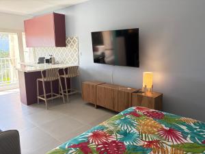 a bedroom with a bed and a kitchen at Rêve Marina studio tout confort avec citerne et piscine Gosier in Pointe-à-Pitre