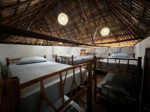 a room with three bunk beds and a straw roof at Backpackers Hostel in El Paredón Buena Vista