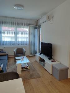 a living room with a flat screen tv and a couch at Apartman BIM 58 in Banja Koviljača +4 photos