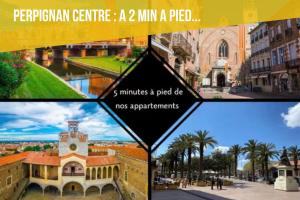 a group of four pictures of a city at ELEGANCE Castillet - Plein Centre Proche Gare Bus et Transports - IDEAL COUPLE ou PRO - Moderne et Confort - OFFRE SPECIALE in Perpignan
